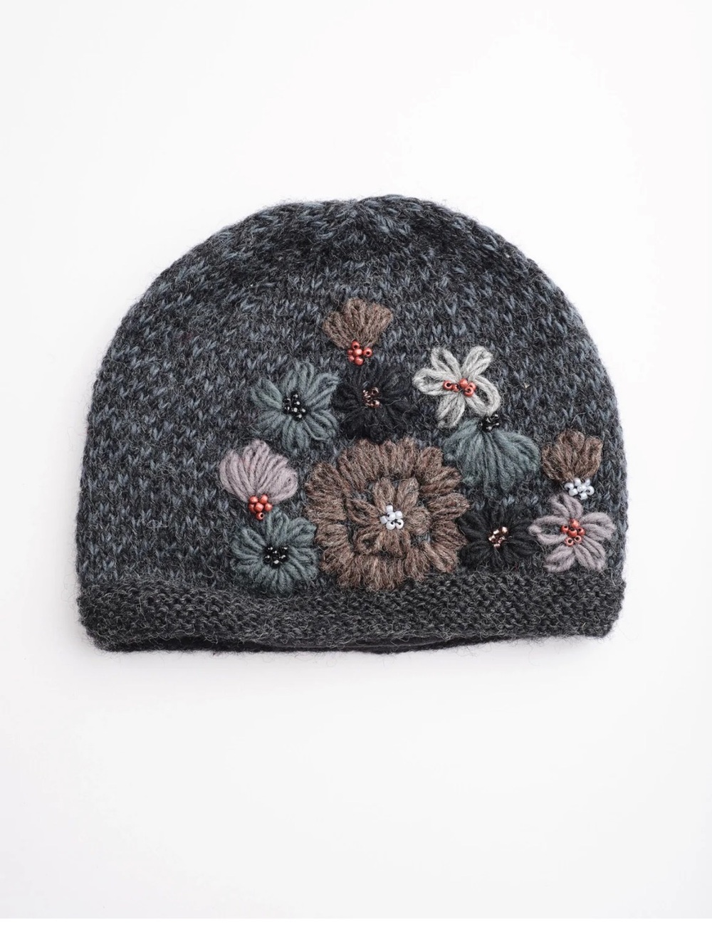 Windhorse Embroidery Wool Beaded Floral Beanie